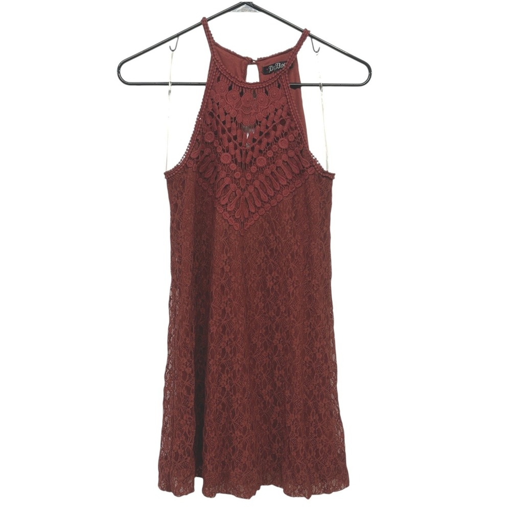 Boho Western Crochet Lace High Neck Dress S Burgundy Floral Lined‎ Concert